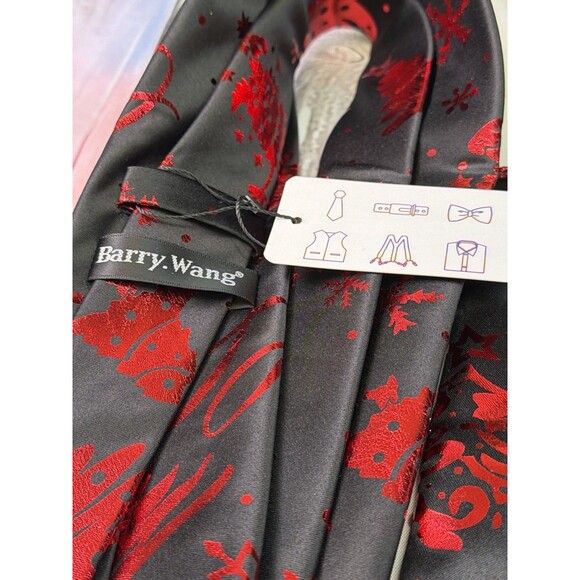 New Barry.Wang Men’s Christmas Tie & Pocket Square Set, Black & Red, 100% Silk - Picture 2 of 4